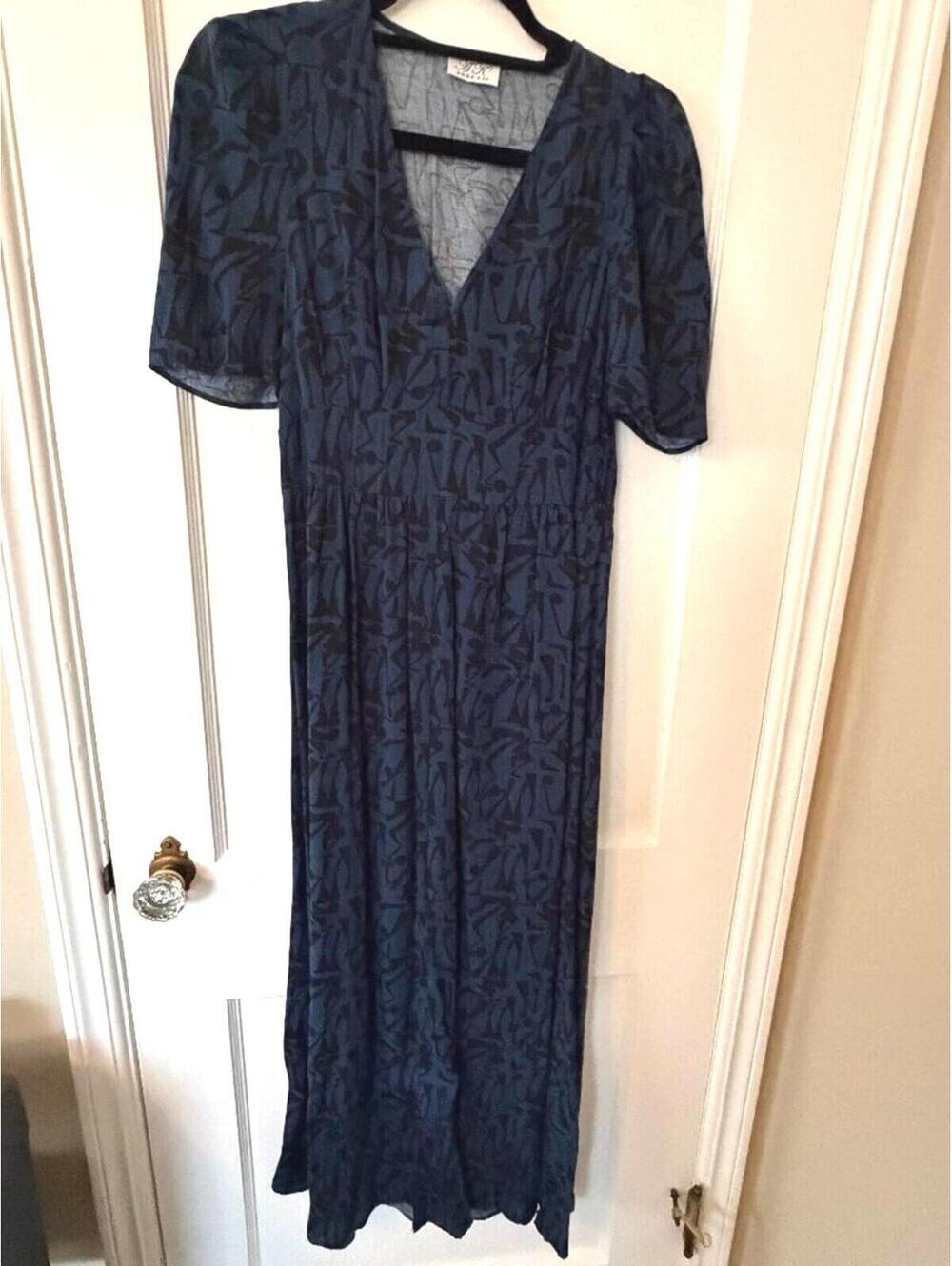Anna Kay V-Neck Midi Dress Women’s S Blue Black Print